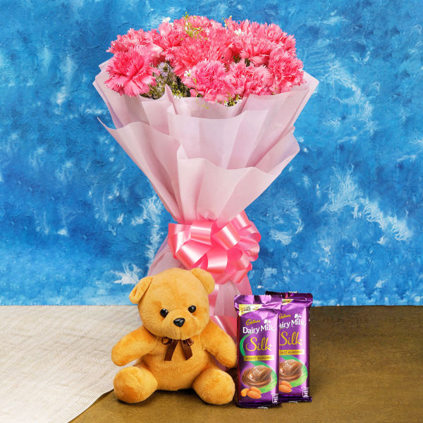 Carnations Bunch & Teddy With Cadbury Silk